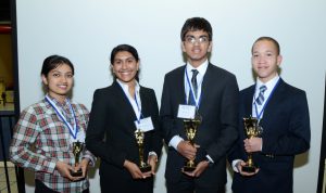The top four winners of the Miss. Science and Engineering Upper Fair are from left, Marina Ali, 3rd place; Raveena Aggarwal, 2nd place; Aritra Biswas, 1st place and Jarian Cottingham, Best of Fair. All are students at St. Andrews Episcopal School.