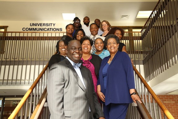 Pictured (front, center) Eric Stringfellow, (second row, left to right) Linda Daniels, Reena Evers-Everette, Gina Carter-Simmers, Myrlie Evers, (third row) Germaine Williams, Franshell Fort, Keith Collins, Jean Gordon Cook, Pamela Berry-Johnson, (fourth row), Jamea Adams-Ginyard, D’Artagan Winford and Gerard Howard. Not pictured, Shelia Byrd and Spencer McClenty.