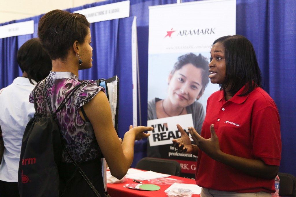 the Career Services Center holds Career Fairs on campus at Jackson State University to allow students to meet fact-to-face with potential employers.