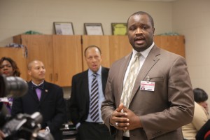 Blackburn Principal Justin Green thanks JSU officials for iPad donation and wireless initiative.