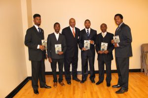 Call Me MISTER inductees Markeith Donerson (left), Everett Anderson, Dr. Roy Jones of Clemson University's Call Me MISTER program, Fredderick Murray, Devonte Stewart, and Deon Holder