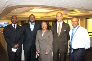 From l-r, Department of Mass Communications Chair Dr. Emmanuel K. Ngwainmbi, College of Liberal Arts Dean Dr. Lawrence Potter, Associate Dean for the College of Business Dr. Sheila Porterfield, Byron Pitts and Dr. William McHenry, executive director of the Mississippi e-Center.