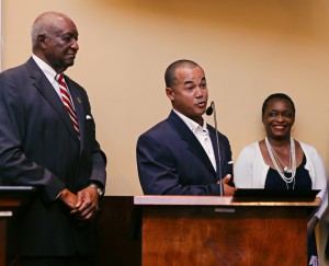 JSU Head Baseball Coach Omar Johnson thanks the city of Jackson and other supporters during the June 17 Jackson City Council meeting. Also pictured are Ward 5 Councilman Charles Tillman (left) and JSU Director of Athletics Vivian L. Fuller.JSU Head Baseball Coach Omar Johnson thanks the city of Jackson and other supporters during the June 17 Jackson City Council meeting. Also pictured are Ward 5 Councilman Charles Tillman (left) and JSU Director of Athletics Vivian L. Fuller. / Photo by Denetta Durr
