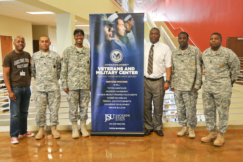 L to R: Keith Riley, Extended Studies Recruiter; Capt. James Shelton; Lt. Col. Monica Washington; Tim Abrams, Veterans Center Director; Sgt. 1st Class Kevin Liburd; 1st Sgt. Johnny Ford