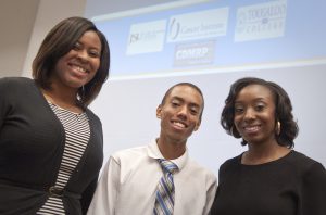 Jackson State University students (from left) Brittany Martin, Anthony Keyes and Tatyana Givens are among six undergraduates who completed a 10-week program at the University of Mississippi Medical Center that focuses on eradicating prostate cancer.