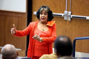 JSU President Dr. Carolyn W. Meyers praises the commitment of College of Business faculty to students and their profession during a forum Tuesday, Sept. 9, on the main campus.