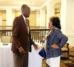 Jackson State University President Dr. Carolyn W. Meyers visits with JSU President Emeritus Dr. John A. Peoples Jr. after a meeting Friday, Sept. 19, of the Jackson State University National Alumni Association Inc. at the Hilton Garden Inn in Jackson.