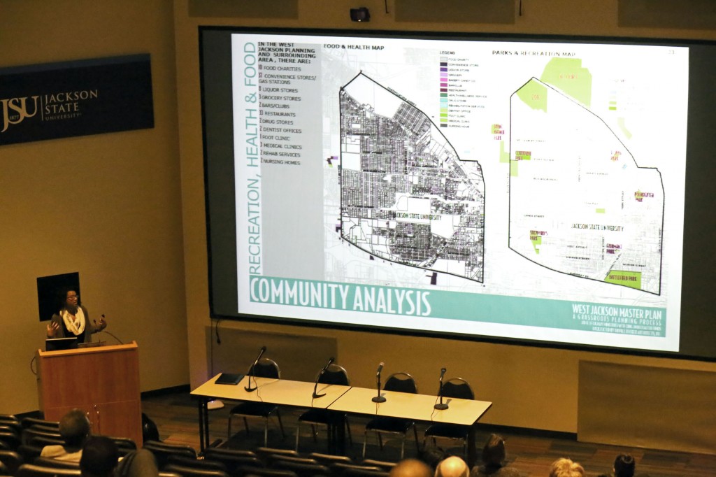 Jocelyn Poe, senior planner, Duvall Decker Architects, outlines a master development plant for West Jackson at a community development conference on the Jackson State University campus Wednesday, Oct. 15, 2014. Photos by Charles A. Smith, JSU.
