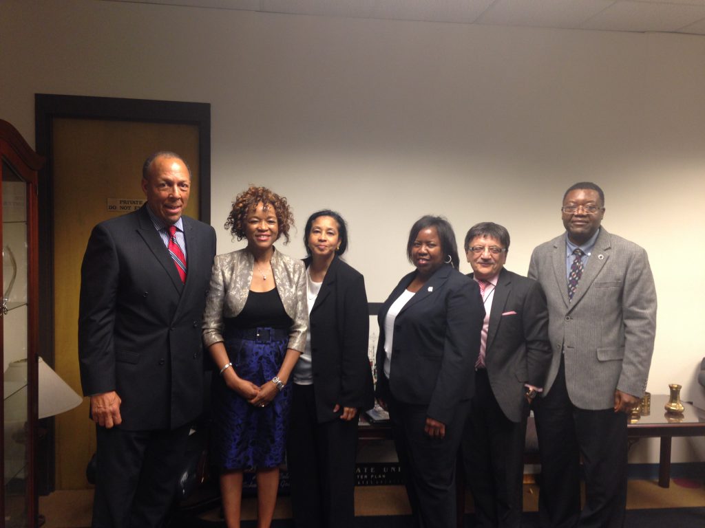The Data and Technology Coordinating Center (DTCC) at Jackson State University continues to make an impact in the lives of African-Americans to eliminate health disparities. Acknowledging the renewal of a federal award are Dr. James Renick, left, provost and senior vice president of academic and student affairs at JSU; Dr. Elizabeth Ofili, principal investigator for Research Centers at Minority Institutions through Morehouse School of Medicine in Atlanta; Dr. Edwina Barnett, JSU’s interim principal investigator for DTCC; Dr. Loretta Moore, vice president for research and federal relations at JSU; Dr. Richard Aló, dean of the College of Science, Engineering and Technology at JSU; and Dr. Paul Tchounwou, JSU’s associate dean for graduate and international programs.