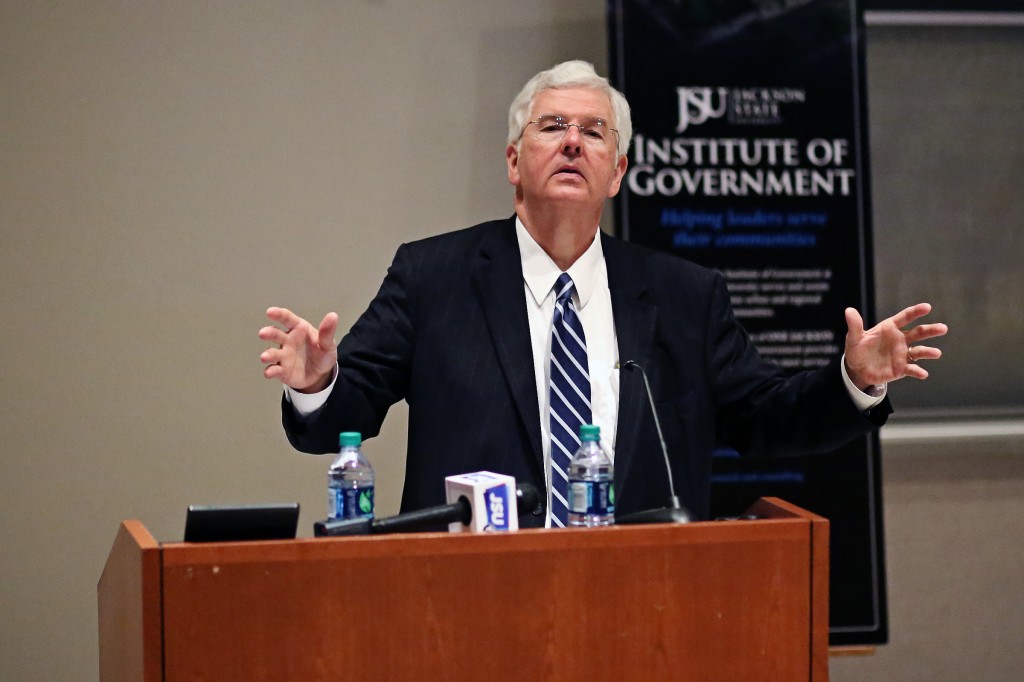 Political polarization is “bad for the country,” Dr. Eric Clark, executive director of the Mississippi Community College Board, told JSU faculty and students at a talk Tuesday, Oct. 21, as part of the Mike Espy Scholars-In Residence Series. (Photo by Charles A. Smith)