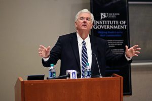 Political polarization is “bad for the country,” Dr. Eric Clark, executive director of the Mississippi Community College Board, told JSU faculty and students at a talk Tuesday, Oct. 21. (Photo by Charles A. Smith)