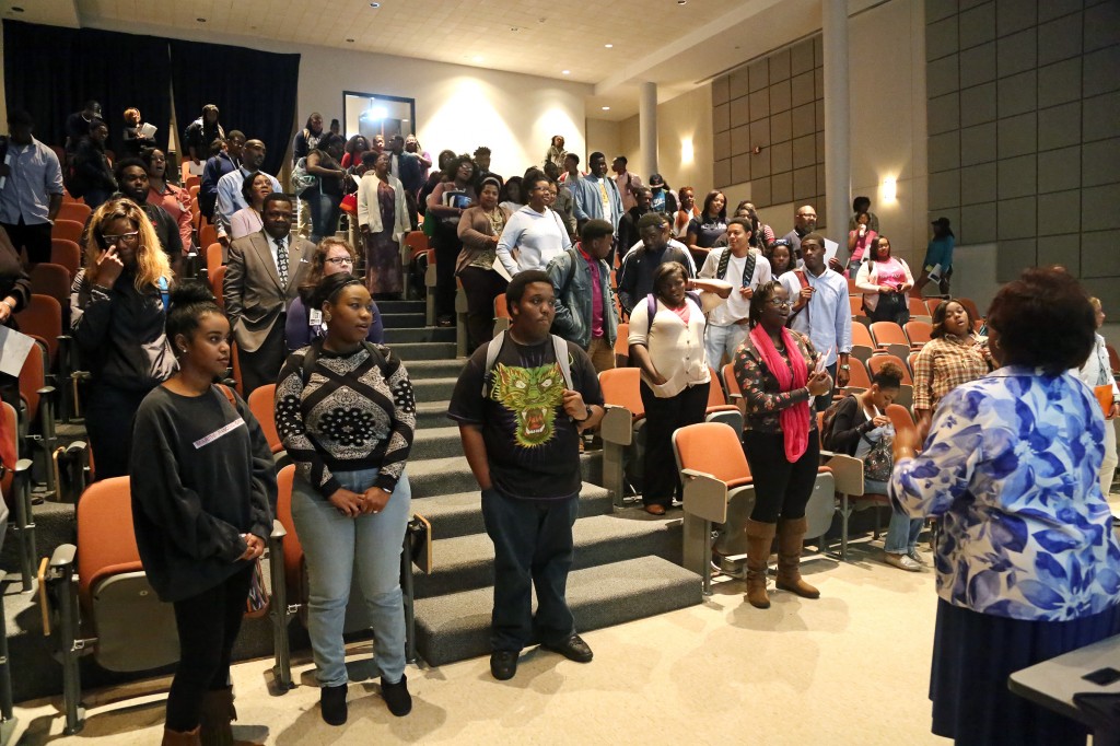 D. Lucille Adams Green, class of '63, lead students in song, singing "Jackson Fair, Jackson DearThee I love, My dear ole college home …" during Founders Week activities Monday at JSU. (Photos by Charles A. Smith)
