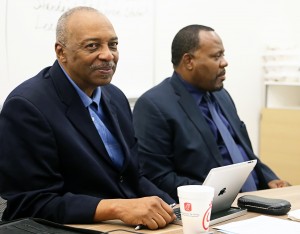 Dr. Roy Jones, executive director of the national Call Me MISTER program, and Dr. Daniel Watkins, JSU dean of the College of Education and Human Development, brainstorm at a MISTER meeting Friday, Oct. 24, 2014, at the INNOVATE Center at H.T. Sampson Library. (Photo by Charles A. Smith, JSU)