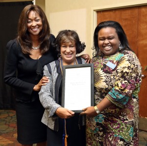 JSU President Dr. Carolyn W. Meyers (center) welcomed the charter of the inaugural Phi Theta Kappa Alumni Association from Onjalai Flake, Phi Theta Kappa associate director for regional and chapter development (right), and Dr. Priscilla Slade, special assistant to the provost for community colleges and international programs. (Photo by Charles A. Smith, JSU)