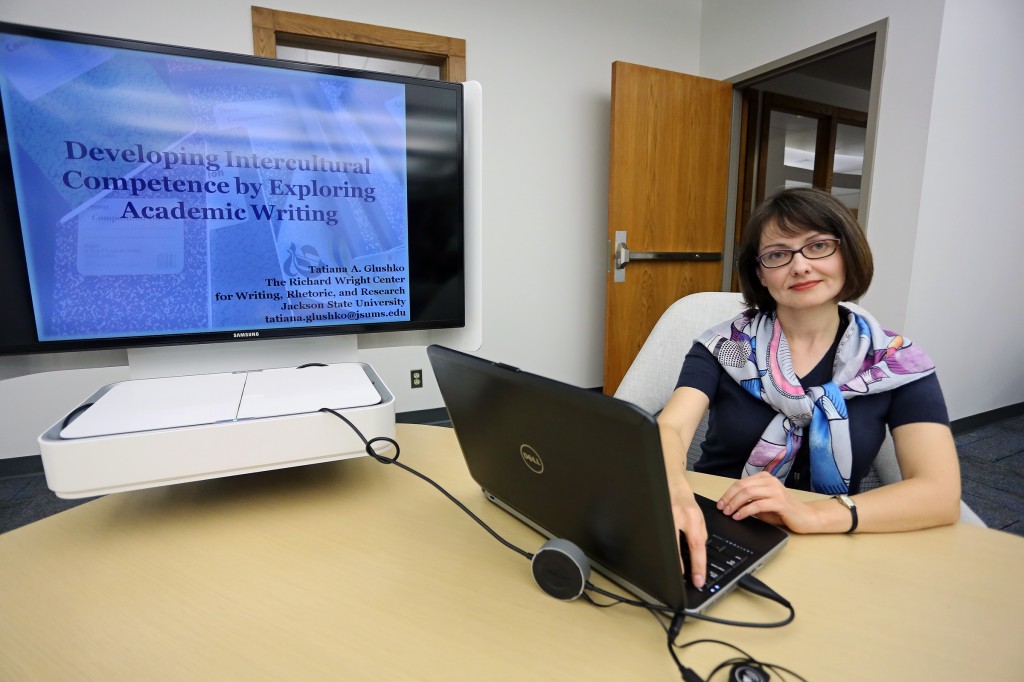 Dr. Tatiana Glushko, coordinator of Jackson State University’s Richard Wright Center for Writing, Rhetoric, and Research, recently conducted a workshop in Russia but never left the USA — leading the event on the Internet via Skype. (Photo by Charles A. Smith, JSU)