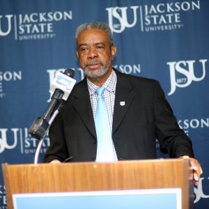 Executive Director of the JSU Institute of Government Dr. Otha Burton answers questions regarding national survey results from the Jackson State University Polling Center at a news conference Thursday, Oct. 16, 2014, at the Mississippi e-Center @ Jackson State in Jackson, Miss. Photo by Charles A. Smith.