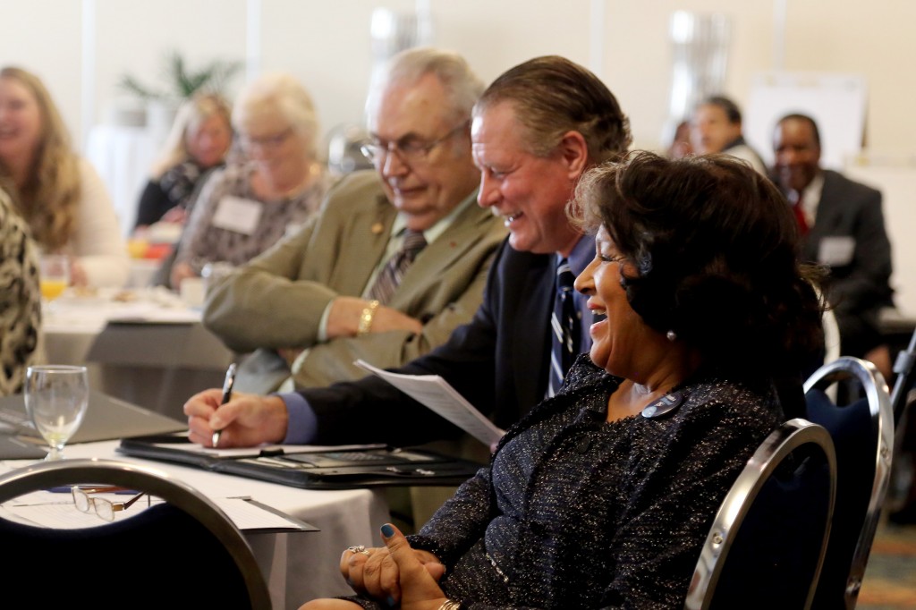 JSU President Dr. Carolyn W. Meyers (right) shares a lighthearted moment with (from left) Dr. Clyde Muse, president of Hinds Community College and Dr. Glen Boyce, associate commissioner of academic and student affairs with the Mississippi Institutions of Higher Learning at the Academic Partnership Program Summit held at JSU on Thursday, Oct. 20, 2014. (Photos by Charles A. Smith)
