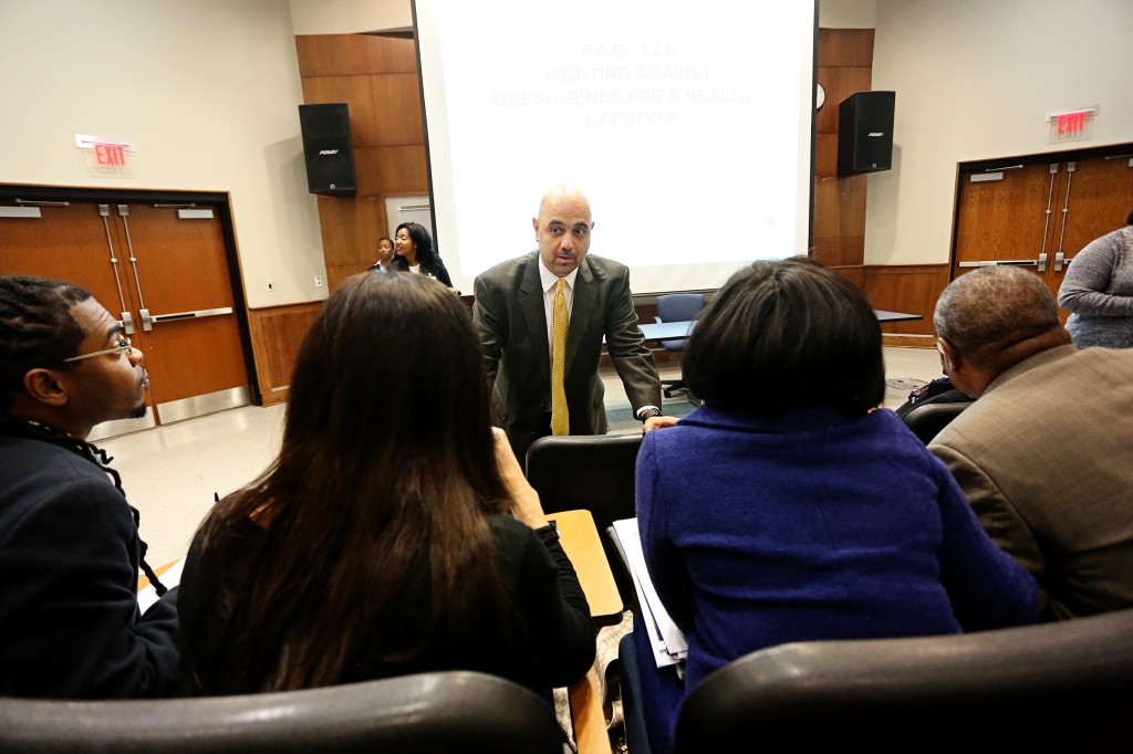 Dr. Ramin Maysami, dean of the College of Business, meets with judges in the JSU Social Entrepreneurship Business Plan Challenge on Wednesday, Nov. 12, 2014. (Photos by Charles A. Smith, JSU)
