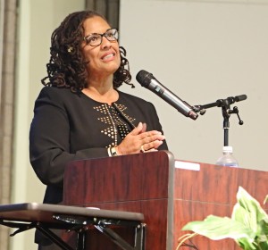 Interim LIberal Arts College Dean Dr. Deborah Barnes tells students that humanities must be supported, Nov. 7, 2014, at JSU. (Photo by Charles A. Smith, JSU)