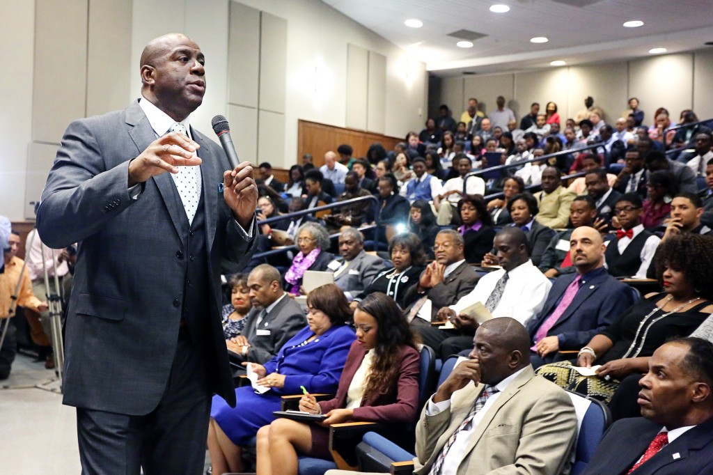Earvin "Magic" Johnson speaks to students in the Jackson State University College of Business Tuesday, Oct. 4, 2014. (Photos by Charles A. Smith, JSU)