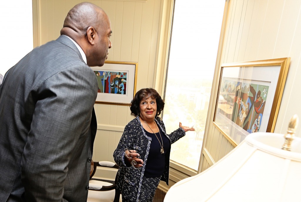 JSU President Dr. Carolyn W. Meyers shows Earvin "Magic" Johnson her office in the administration building, Tuesday, Oct. 4, 2014. (Photos by Charles A. Smith)