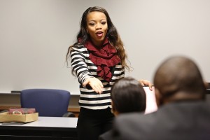 JSU student A'Kendra Lewis shares her experience in choosing Marilyn J. Evans, owner of Miss M's Finishing Touches Etiquette Consultancy, LLC, in Atlanta, as a mentor for business. (Photo by Charles A. Smith, JSU)