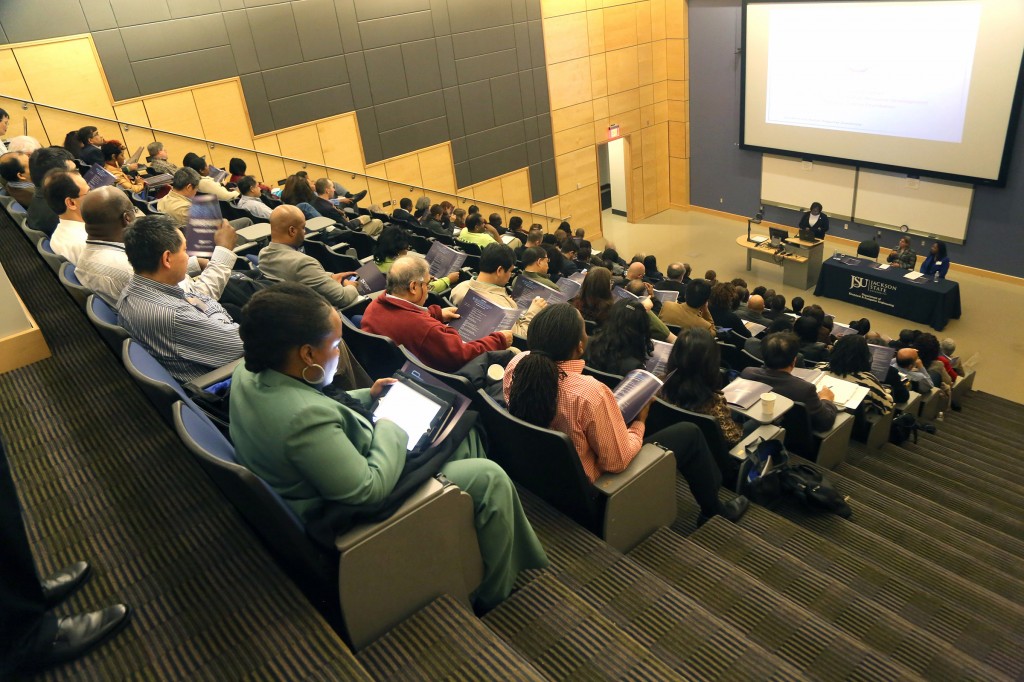 Dr. Loretta Moore, vice president, JSU division of research and federal relations, addresses attendees at National Science Foundation Day at Jackson State University, Nov. 20, 2014. (Photo by Charles A. Smith, JSU)