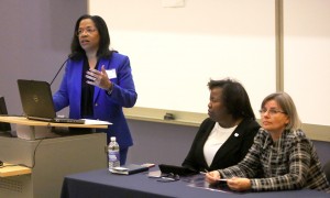 Dr. Sylvia James, division director, NSF Division of Human Resource Development, from Washington, D.C., addresses NSF Day at JSU, Nov. 19, 2014, while looking on (from left) are Dr. Loretta Moore, vice president, JSU division of research and federal relations, coordinating the event, and Claudia Rankins, a NSF project organizer with the Division of Human Resource Development. (Photos by Charles A. Smith, JSU)