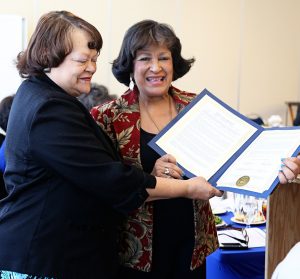 Jackson State University President Dr. Carolyn W. Meyers (right) expresses gratitude for a Hinds County Board of Supervisors commendation for the Global Entrepreneurship Week Conference, with Dr. Mary M. White, interim vice president of institutional advancement and chair of the Department of Entrepreneurship and Professional Development that hosted the three-day conference. (Photo by Charles A. Smith, JSU)