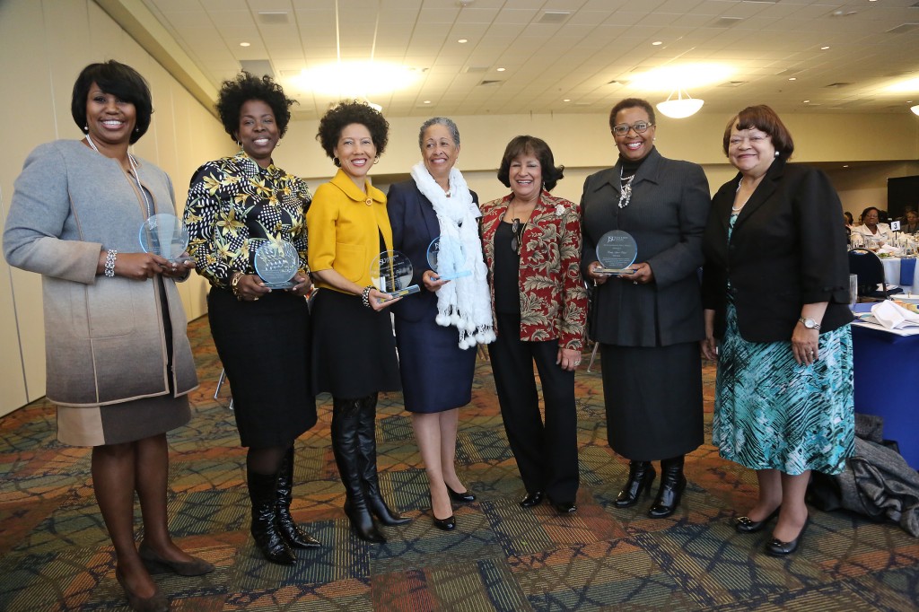 Jackson State University President Dr. Carolyn W. Meyers (second from right) and Dr. Mary M. White, interim vice president of institutional advancement and chair of the Department of Entrepreneurship and Professional Development that hosted the three-day Global Entrepreneurship Week Conference (right), pose with Women Entrepreneurs Day Awards winners, shown (left to right): Mentor Award: Carla Cleveland Kirkland, CEO, The Kirkland Group; Inspirational Award: Patty Patterson, Entrepreneur, Repurposed Projects; Creativity Award: Kathy Y. Times, owner, WhereToGo411.com/Yellow; Visionary Award: Gailya Porter, Porter Insurance Agency; Meyers; Innovator Award: Dr. Cindy Ayers-Elliott, owner of Foot Print Farms LLC; White. The event was held Nov. 19, 2014. (Photo by Charles A. Smith, JSU)