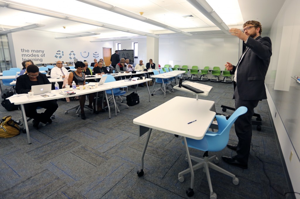 Dr. Robert Luckett, director of JSU’s Margaret Walker Center for the Study of the African-American Experience, speaks to The Trotter Group of journalists Monday, Nov. 10, 2014, at the INNOVATE Center at Jackson State University. (Photo by Charles A. Smith)