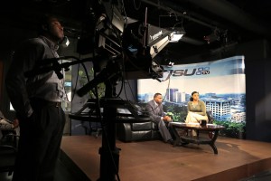 Rob Jay (center) and Maura Moed await their cue to begin JSUTV's 'Metro Morning LIve' as Spencer McClenty, new media coordinator and floor director works the camera. (Photos by Charles A. Smith, JSU)