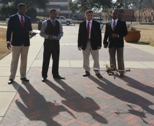 Frederick Burns, Fredicus Funchess, Josue DeLeon and Jonathon Buchanon built a “Tiger Cam” drone aircraft from scratch for their senior Engineering School project, Dec. 4, 2014. (Photo by Charles A. Smith, JSU)