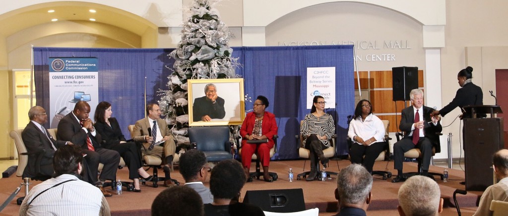 Federal Communications Commissioner Mignon Clyburn (right) moderated a “town hall” type meeting at the JSU Medical Mall campus on Wednesday, Dec. 3, 2014. Clyburn orchestrated questions and answers with the public about advancements in health care relating to telecommunications. (Photos by Frank Wilson, JSU)