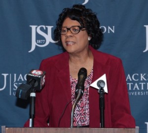 Dr. Elayne Hayes-Anthony speaks at the Mississippi e-Center@JSU after being named director of the Jackson State University Department of Mass Communications on Friday, Jan. 30 2015. (Photo: Frank Wilson, JSU)