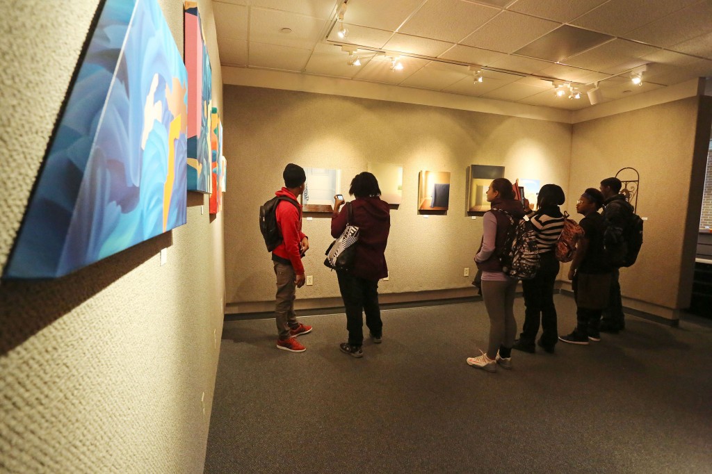 Students view the American, Korean and Chinese Group Exhibition showing at the College of Liberal Arts Gallery on the first floor of the Dollye M.E. Robinson Building. It is on display through Feb. 25. (Photo by Anissa Hidouk, JSU)