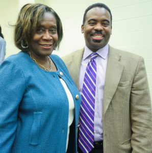 Dr. Evelyn J. Leggette, associate vice president for Academic and Student Affairs and outgoing dean of Undergraduate Studies, congratulates Dr. Robert Blaine, incoming dean of Undergraduate Studies and CyberLearning, Monday, Jan. 26, 2015, at the Moore Building. (Photo by Charles A. Smith, JSU)