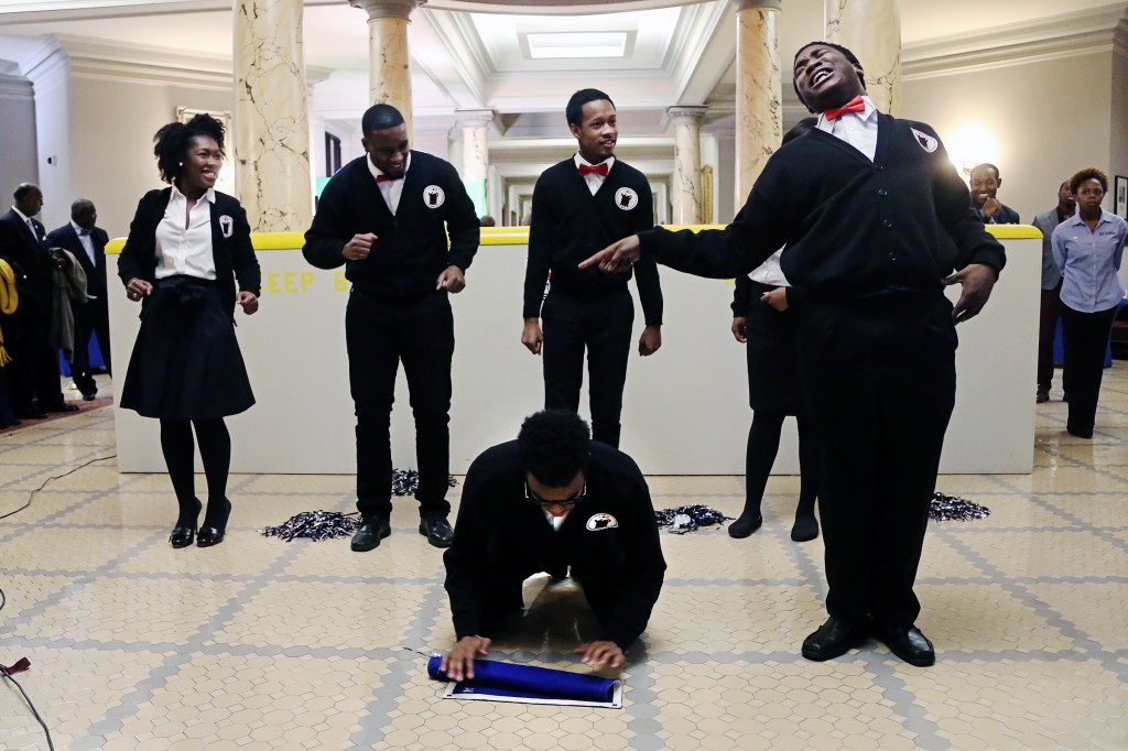 Entertainment at JSU Day at the Capitol was provided by JSU’s Maddramma Performance Troupe, shown (from left): Ja'Ohn Bennett (on knees) Kristopher Campbell, Mickey Nixon, Theron Wilkerson(orator), Charence Higgins; standing behind Theron Wilkerson is Jayla Lomax. (Photo by Charles A. Smith, JSU)