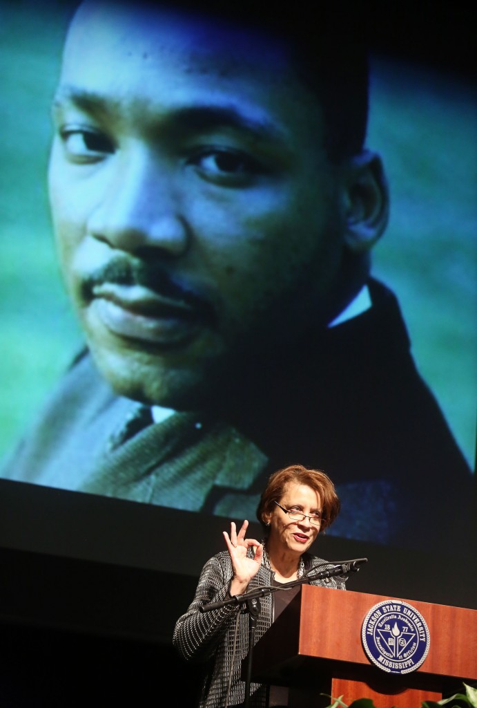 Paul Giddings speaks to about 1,000 people at Jackson State University’s 47th Annual Dr. Martin Luther King Jr. Birthday Convocation on Friday, Jan. 16, 2015. (Photo by Charles A. Smith, JSU)