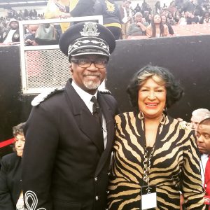 Jackson State University President Dr. Carolyn W. Meyers congratulates Director of Bands Dowell Taylor at the Honda Battle of the Bands at the Georgia Dome in Atlanta, where the Sonic Boom of the South rocked the house, Jan. 24, 2015. (Photo by Ashton Hall, JSU)