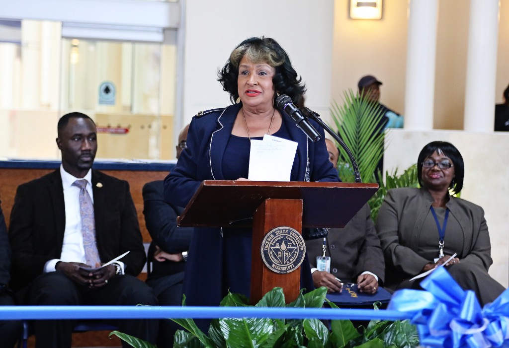 JSU President Carolyn W. Meyers says "It's another great day to be a tiger!" announcing the grand reopening of the JSU Recreation Complex, Jan. 12, 2015. Jackson Mayor Tony Yarber, left, looks on, along with Sharon Griffin, marketing director, Auxiliary Enterprises. (Photo by Charles A. Smith, JSU)
