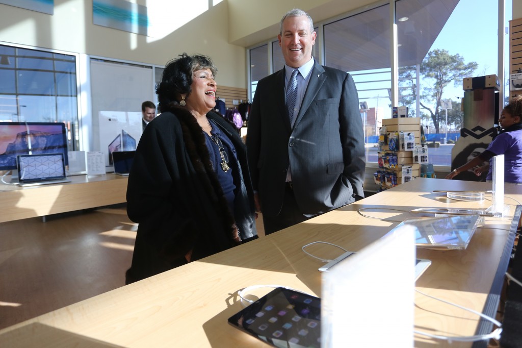 Jackson State University President Dr. Carolyn W. Meyers gives James “Dan” Rollins III, CEO of BancorpSouth, a tour of the campus Wednesday, Feb. 18, 2015.