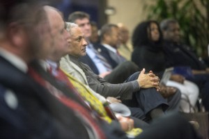 Former U.S. Secretary of Agriculture Mike Espy, for whom Jackson State University’s Mike Espy Scholars-in-Residence Series is named, listens in rapt attention as former Gov. Haley Barbour speaks about Hurricane Katrina, Feb. 12, 2015. (Photo by Charles A. Smith, JSU)