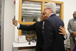 Bryant and JSU student Jordan Darensbourg share a light-hearted moment. (Photo by Charles A. Smith, JSU)