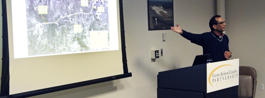 Jackson State University’s Dr. Mukesh Kumar outlines a plan for Jackson revitalization at the Greater Jackson Chamber Partnership offices on Thursday, Feb. 12, 2015. (Photo by Deontae Williams, JSU)