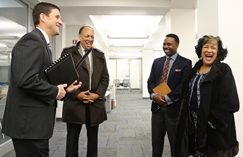 Mississippi Higher Education Commissioner Dr. Hank Bounds (left) shares a light moment with Jackson State University President Dr. Carolyn W. Meyers (right) while touring the JSU campus on Thursday, Feb. 5, 2015. Joining are, second from left, Dr. James C. Renick, provost and senior vice president for Academic and Student Affairs, and Dr. Robert Blaine, dean of Undergraduate Studies and CyberLearning. They were showing Nebraska media accomplishments at the campus under Bounds' leadership. Bounds has accepted a job as the University of Nebraska's next president. (Photo by Charles A. Smith, JSU)
