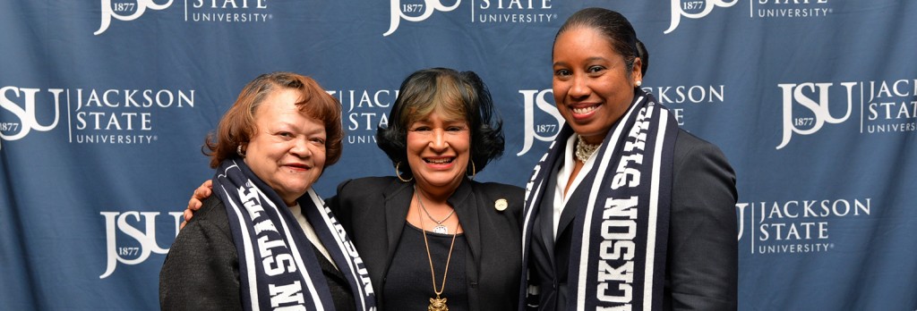 It’s not too late to donate to JSU to support student scholars. That’s the message from President Dr. Carolyn W. Meyers (center), Dr. Mary M. White, interim vice president of JSU’s Division of Institutional Advancement (left), and Yolanda R. Owens, president, Jackson State University National Alumni Association, Inc. (Photo by Charles A. Smith, JSU)