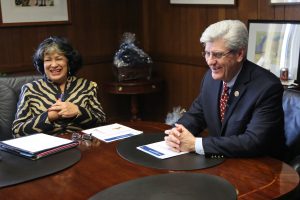 Jackson State University President Carolyn W. Meyers and Mississippi Gov. Phil Bryant meet with Meyers' cabinet Wed., Feb. 11, 2015. (Photo by Charles A. Smith, JSU)