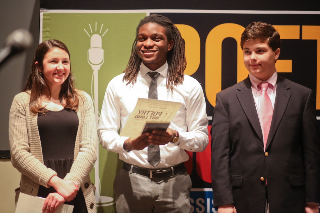 Poetry Out Loud regional winners were chosen at Jackson State University, Feb. 4, 2015. From Left: Anna Daniels, a junior at Madison Ridgeland Academy; Andre Vincent, a junior at Ridgeland High School; Lawson Marchetti, a sophomore at Jackson Prep. (Photo by Deontae Williams, JSU)