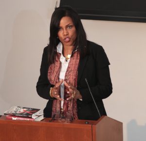 Ilyasah Shabazz, the daughter of Malcolm X, speaks at Jackson State University on Monday, Feb. 16, 2015. (Photo by Frank Wilson, JSU)